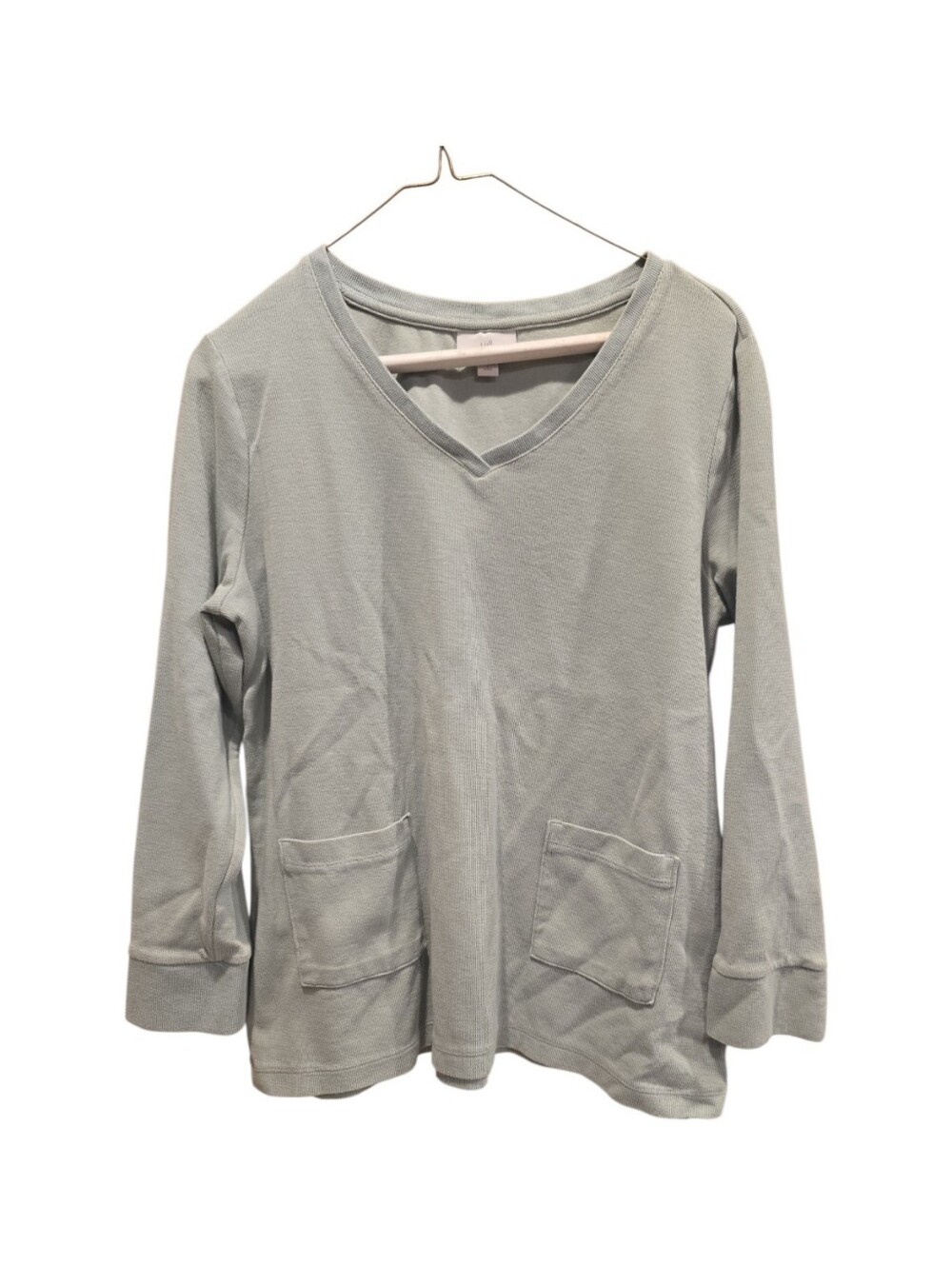 J Jill Sea Green V-neck w/ Pockets Long Sleeve Blouse Cotton Button on Sleeve PL